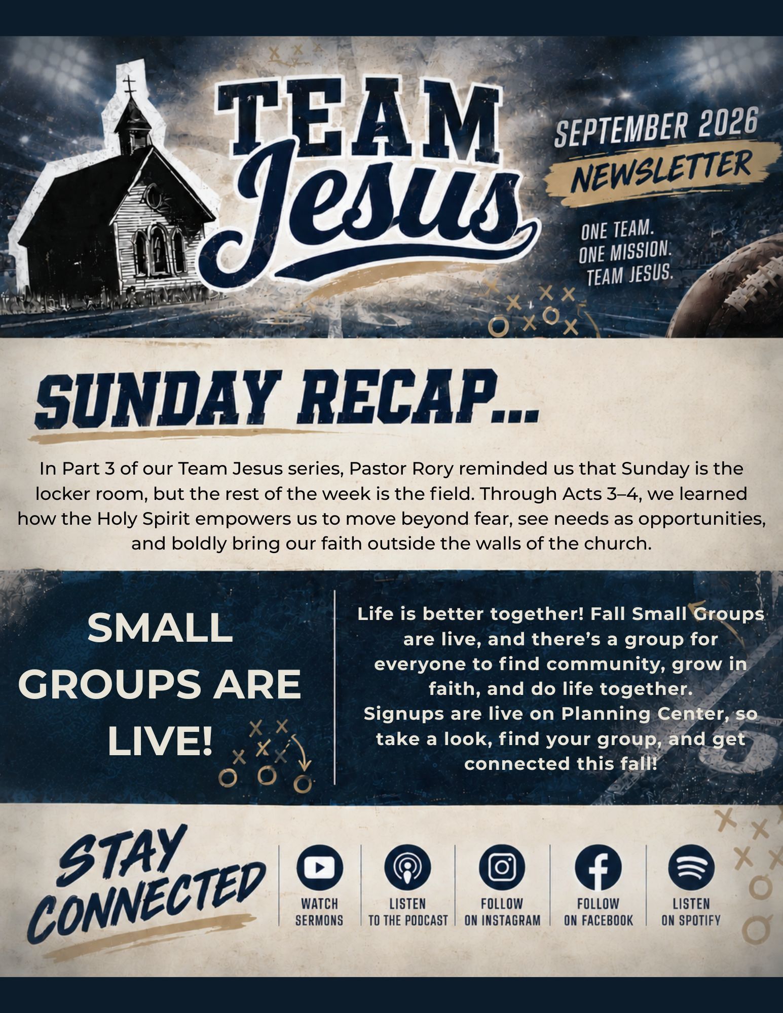 Church newsletter with Sunday recap, summer groups, Father’s Day breakfast, pantry restock, and social media icons.