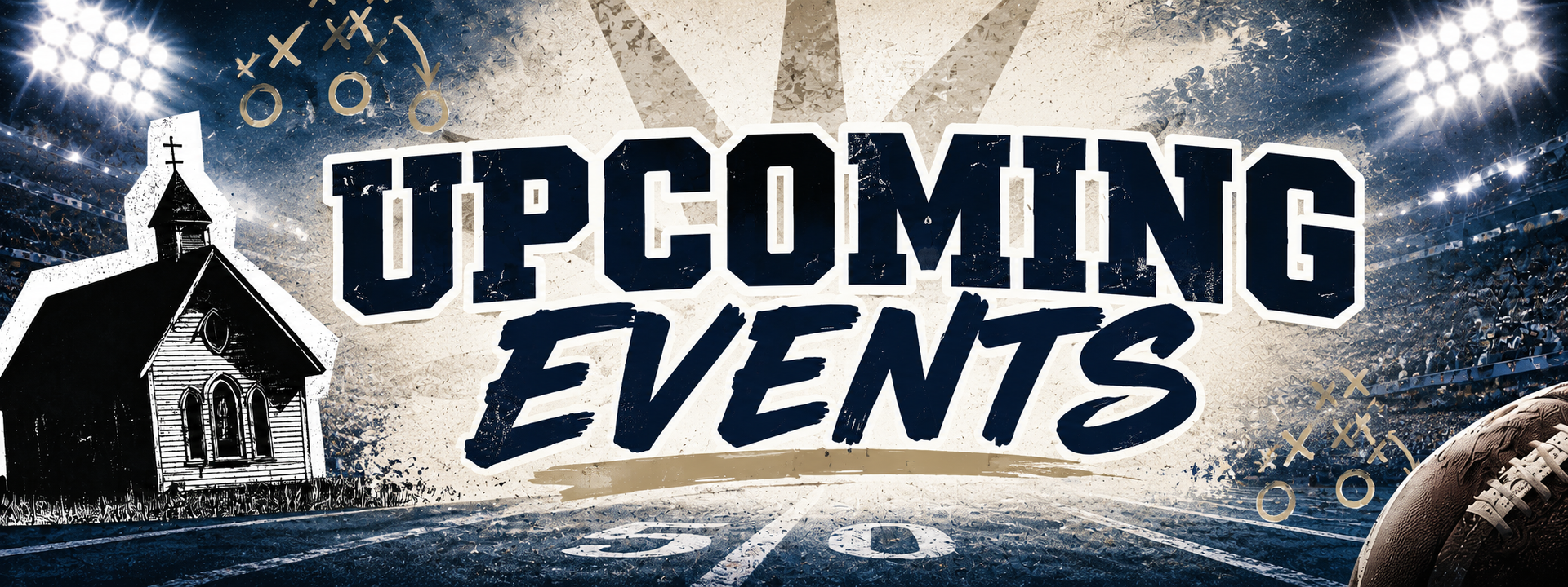 “UPCOMING events” text on a white background with colorful abstract floral corner accents