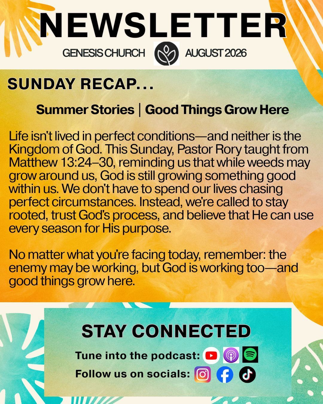 Church newsletter with Sunday recap, summer groups, Father’s Day breakfast, pantry restock, and social media icons.