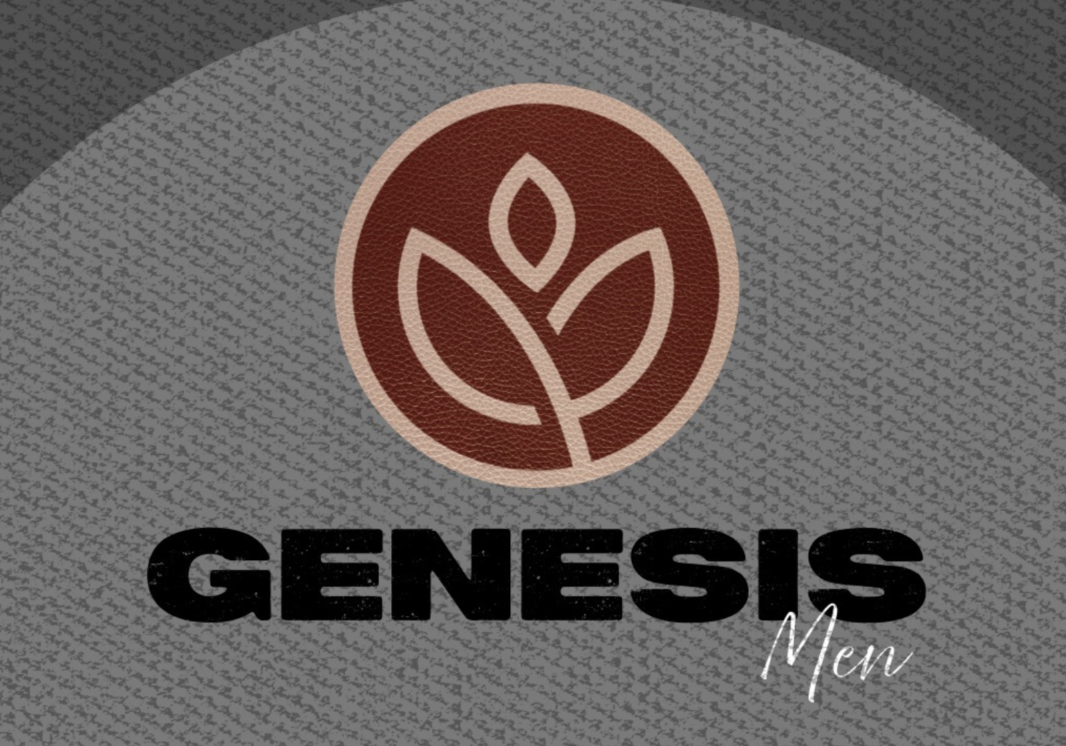 Genesis Men logo with stylized leaf emblem in brown and cream on a gray textured background