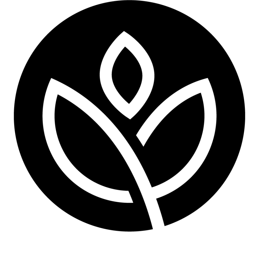White stylized plant inside a black circle.