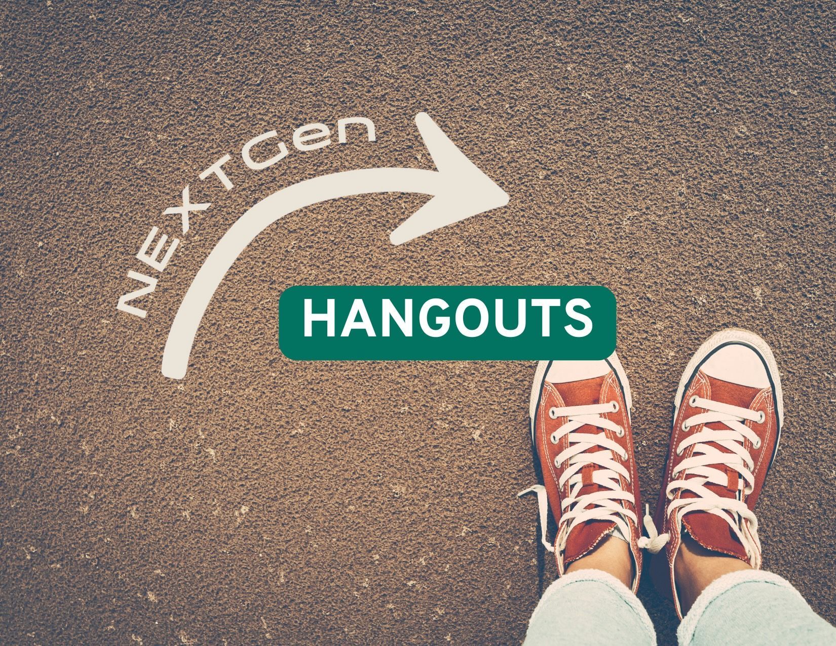 Curved arrow pointing to “HANGOUTS” on a road, with red sneakers at the bottom right.