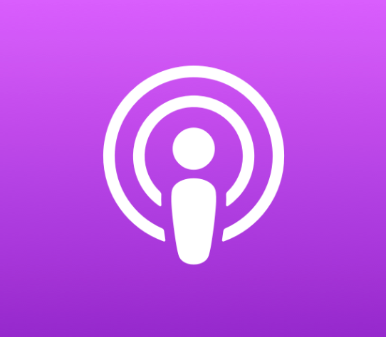 White podcast icon on a purple background.