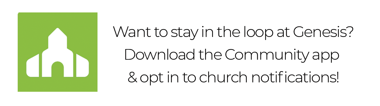 Green square with white church icon and text: 