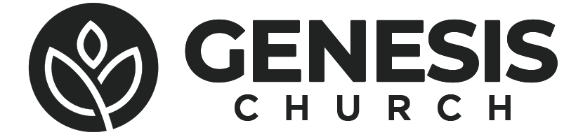 Logo for Genesis Church. A dark circle with a stylized plant icon, 