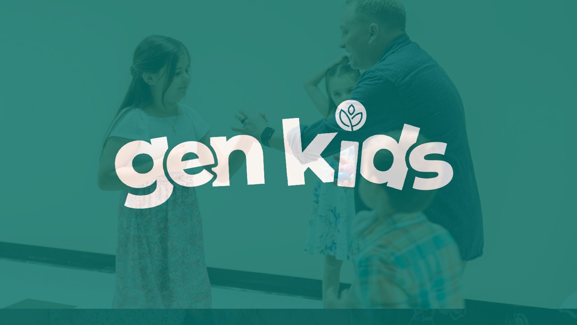 “gen kids” logo over a teal-tinted photo of two people talking in a room