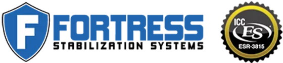 A logo for fortress stabilization systems with a shield
