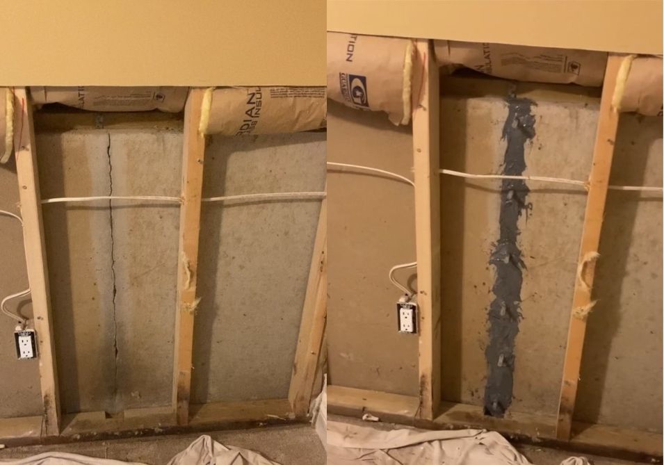 A before and after picture of a wall with a hole in it
