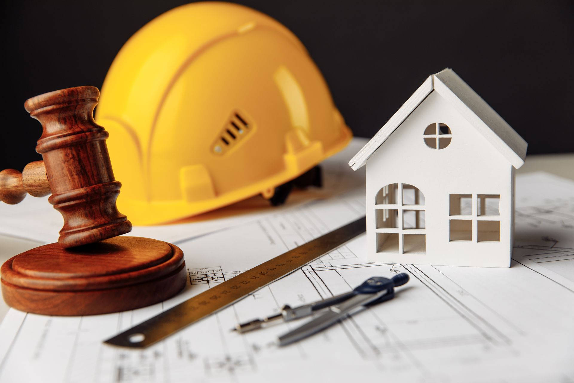 Law gavel, yellow hard hat, and house model on construction blueprints