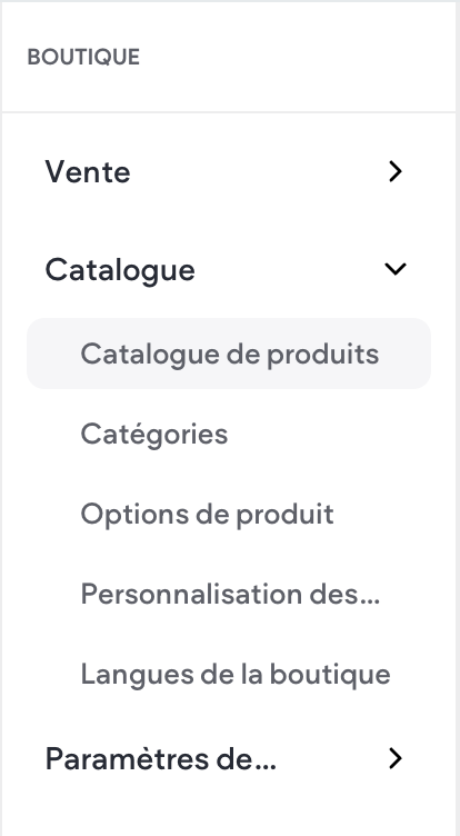 Menu latéral du tableau de bord avec l'entrée Boutique mise en évidence