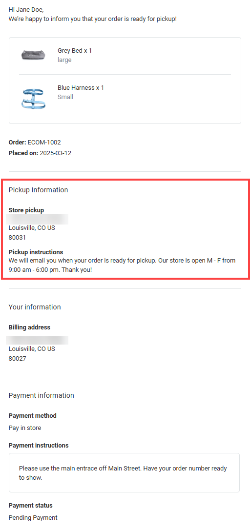 Exemple d'e-mail de commande prête pour retrait en magasin
