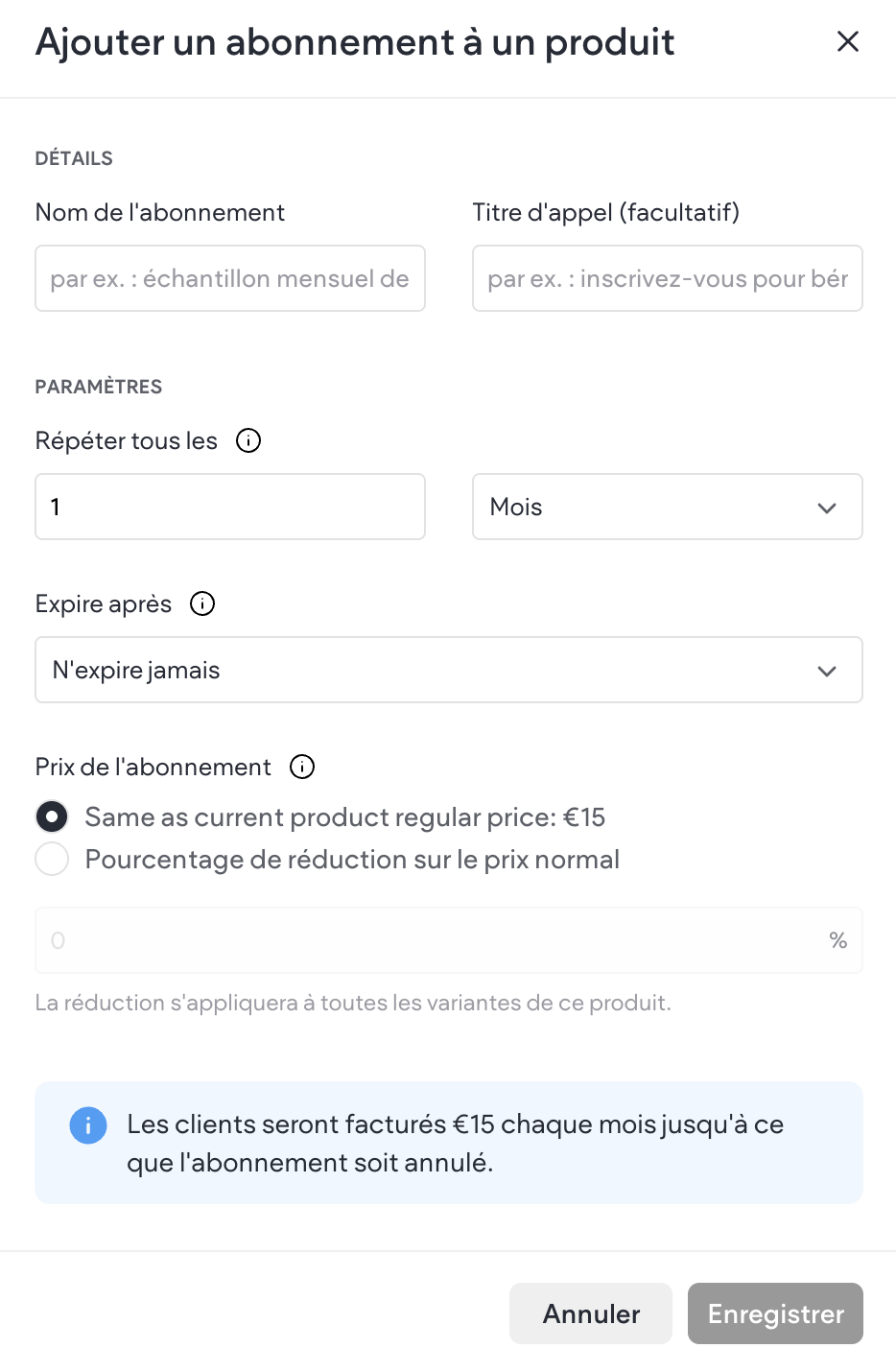 Création d'un abonnement sur une fiche produit