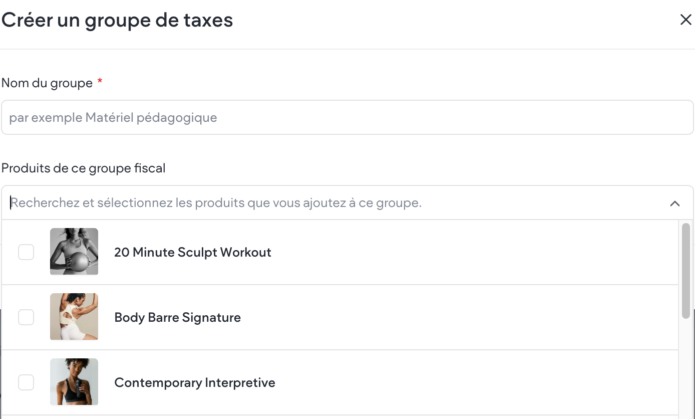 Sélection des produits inclus dans un groupe de taxes