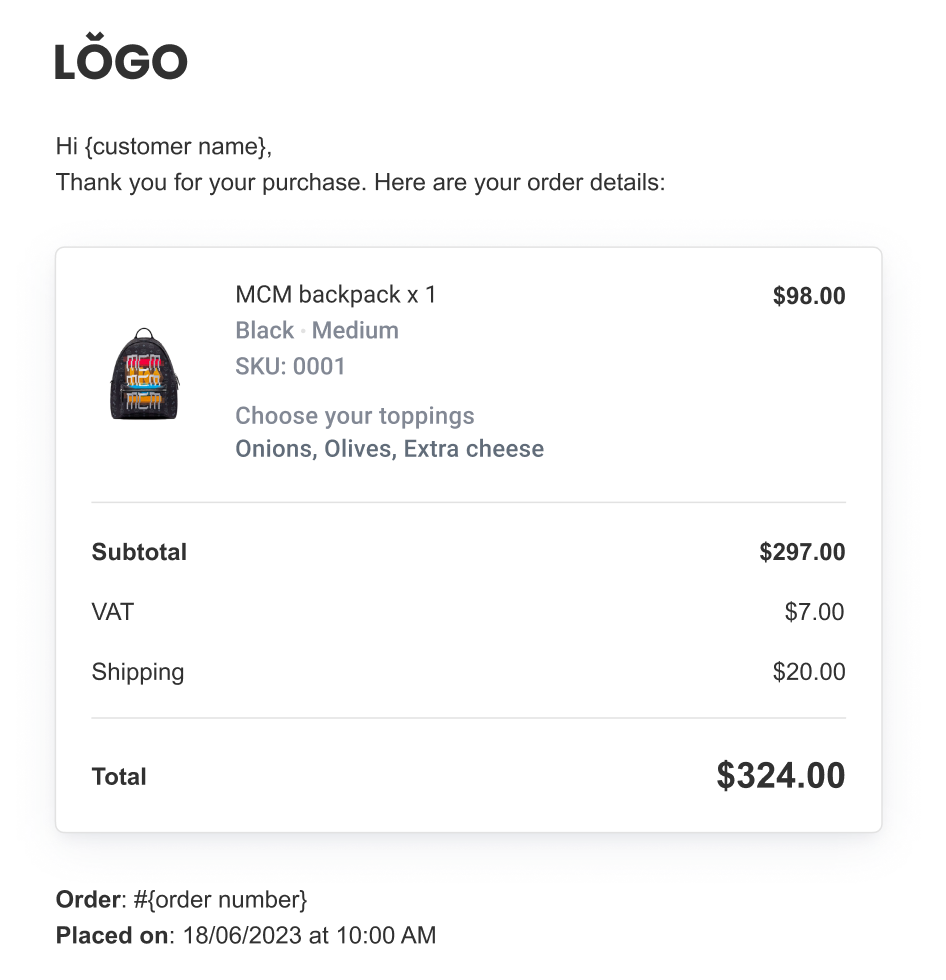 Exemple d'e-mail de confirmation de commande
