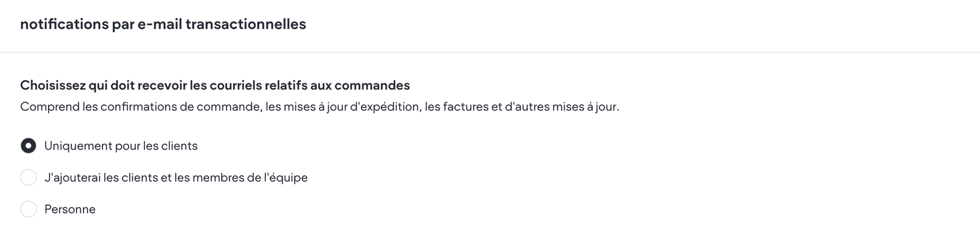 Paramètres de notification des e-mails transactionnels