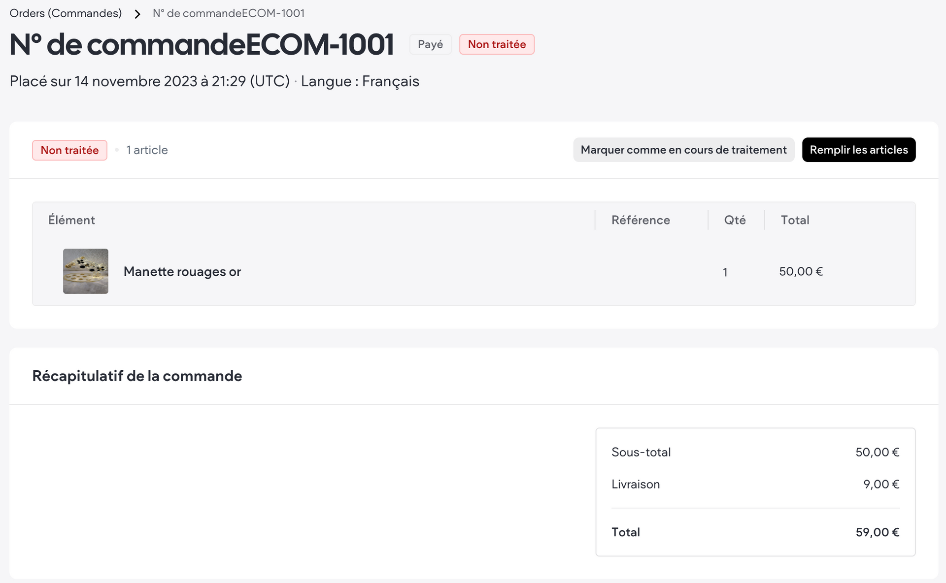 Détail et statut d'une commande