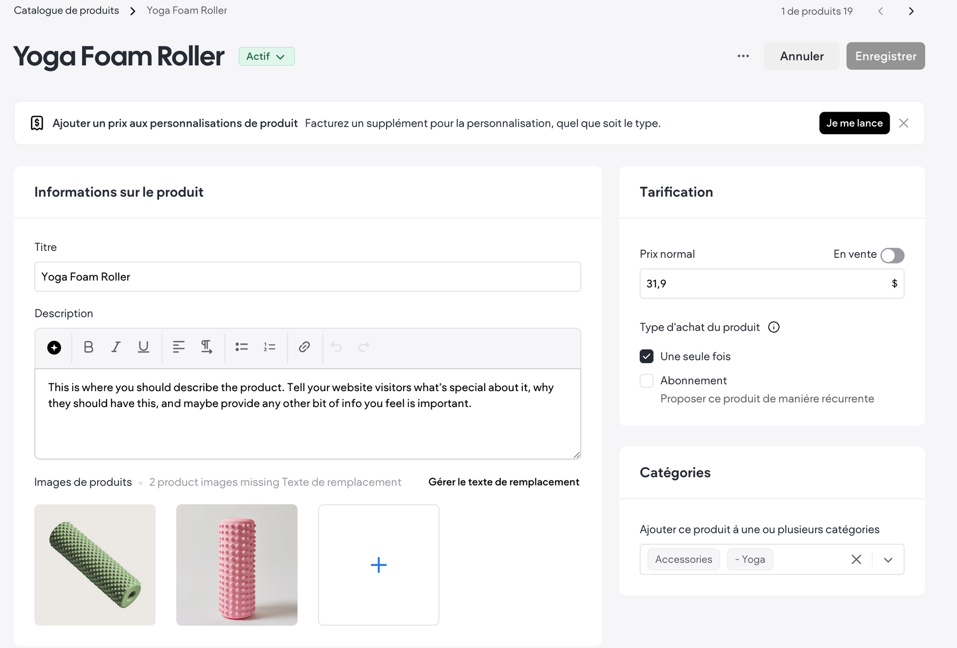 Fiche produit avec titre, description, images et tarification