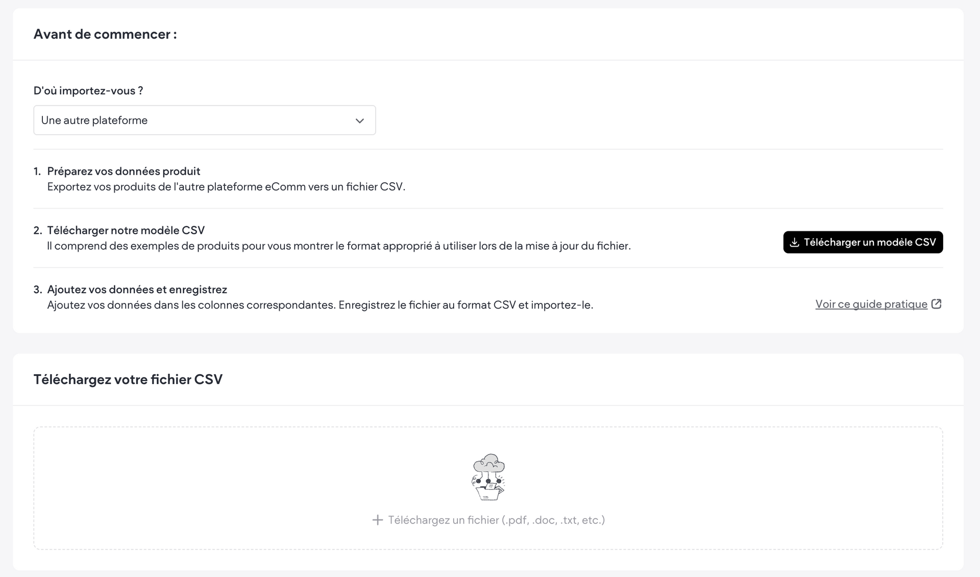 Sélection de la source du fichier d'import : autre plateforme ou Ecwid
