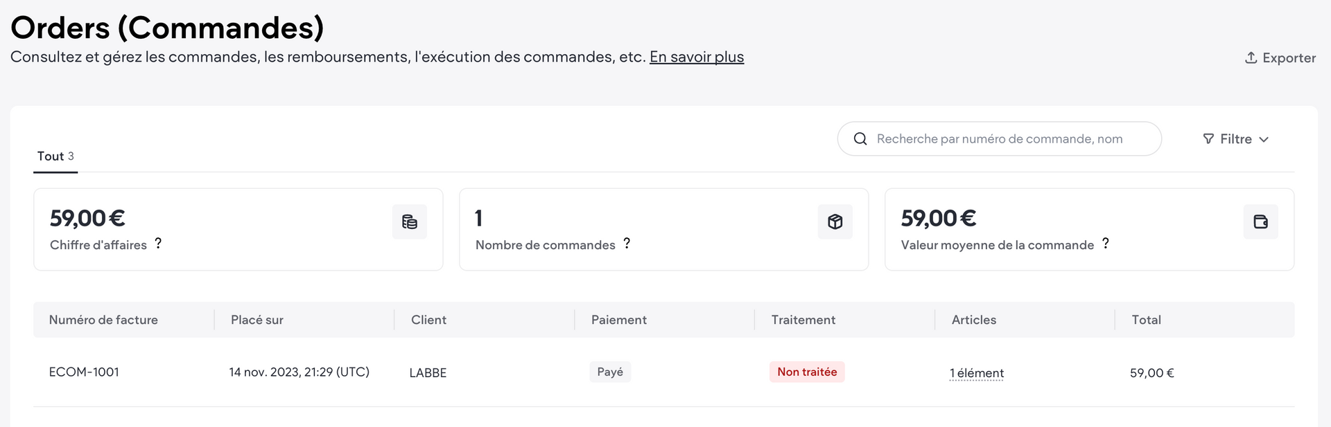 Liste des commandes de la boutique FolioShop
