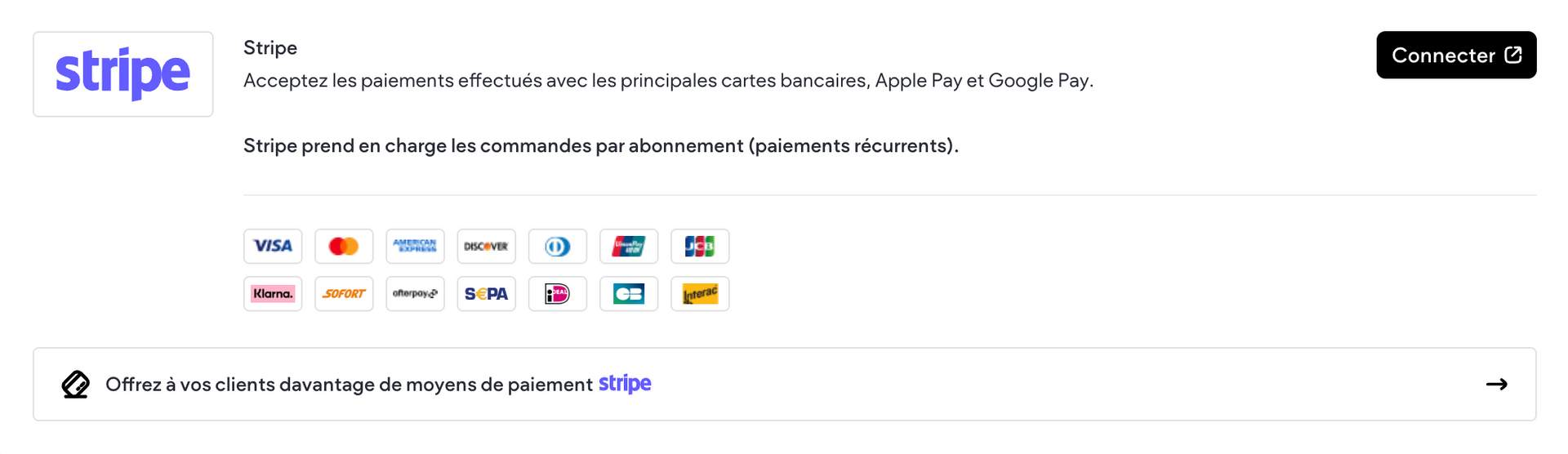 Connexion de la passerelle de paiement Stripe