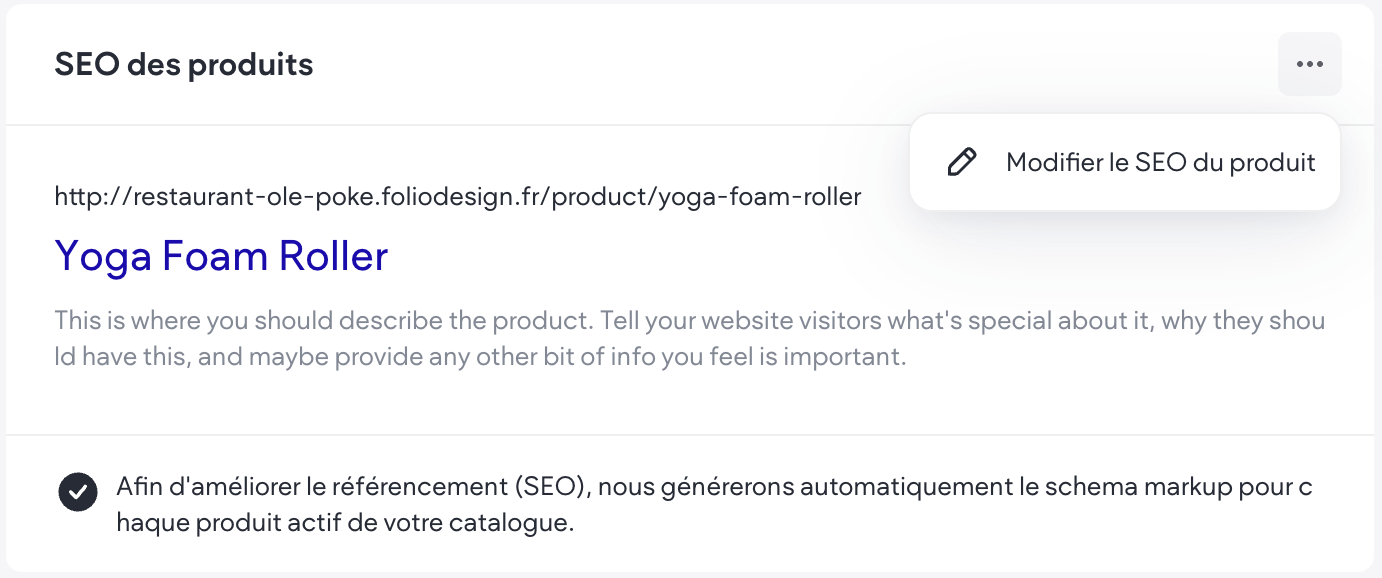 Section SEO des produits avec URL, titre et description personnalisables