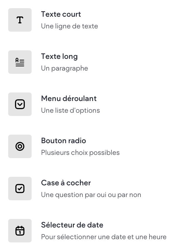 Choix du type de champ personnalisé à ajouter au paiement
