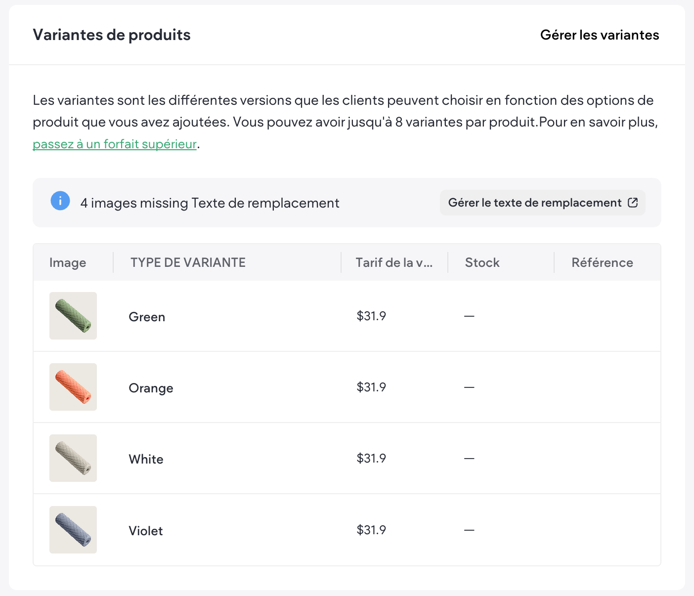 Options et variantes de produit avec couleurs et tarifs par variante