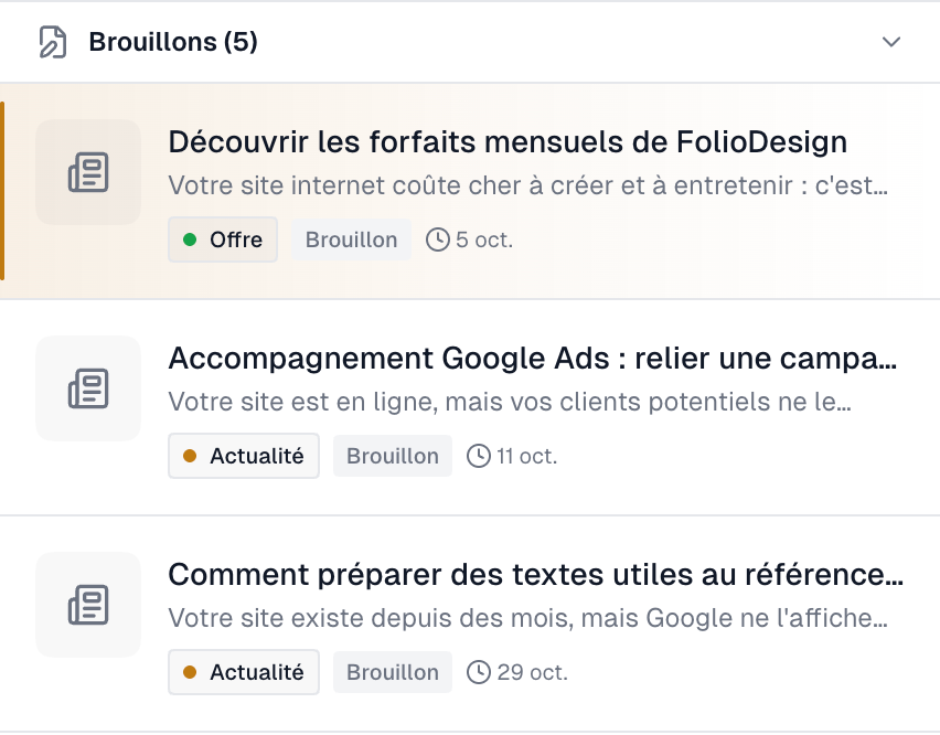 Liste des publications FolioSpot avec leurs statuts : brouillons et publications programmées