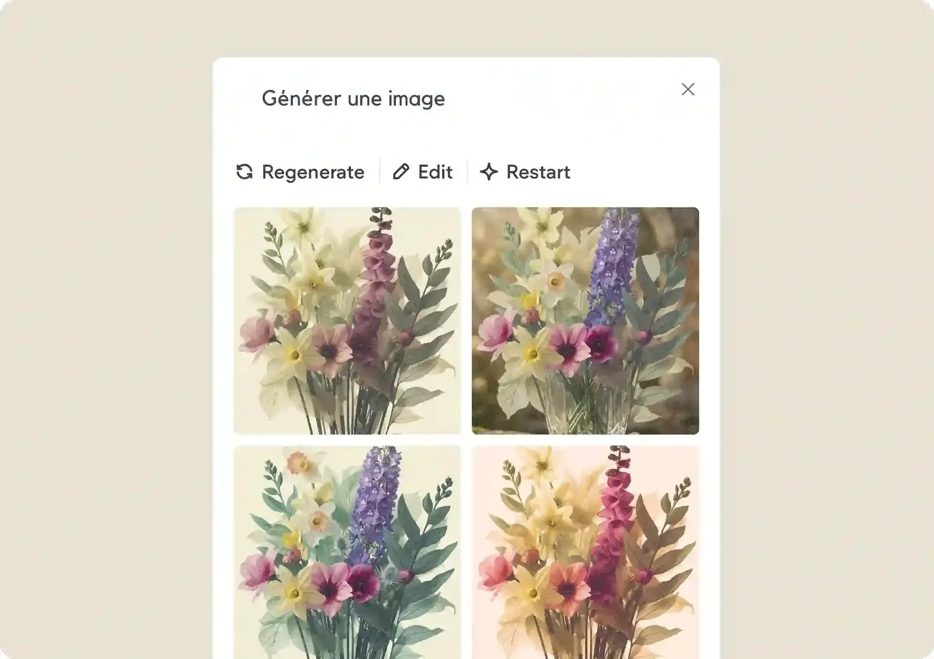 4 propositions de bouquets générées, avec options Regenerate/Edit/Restart
