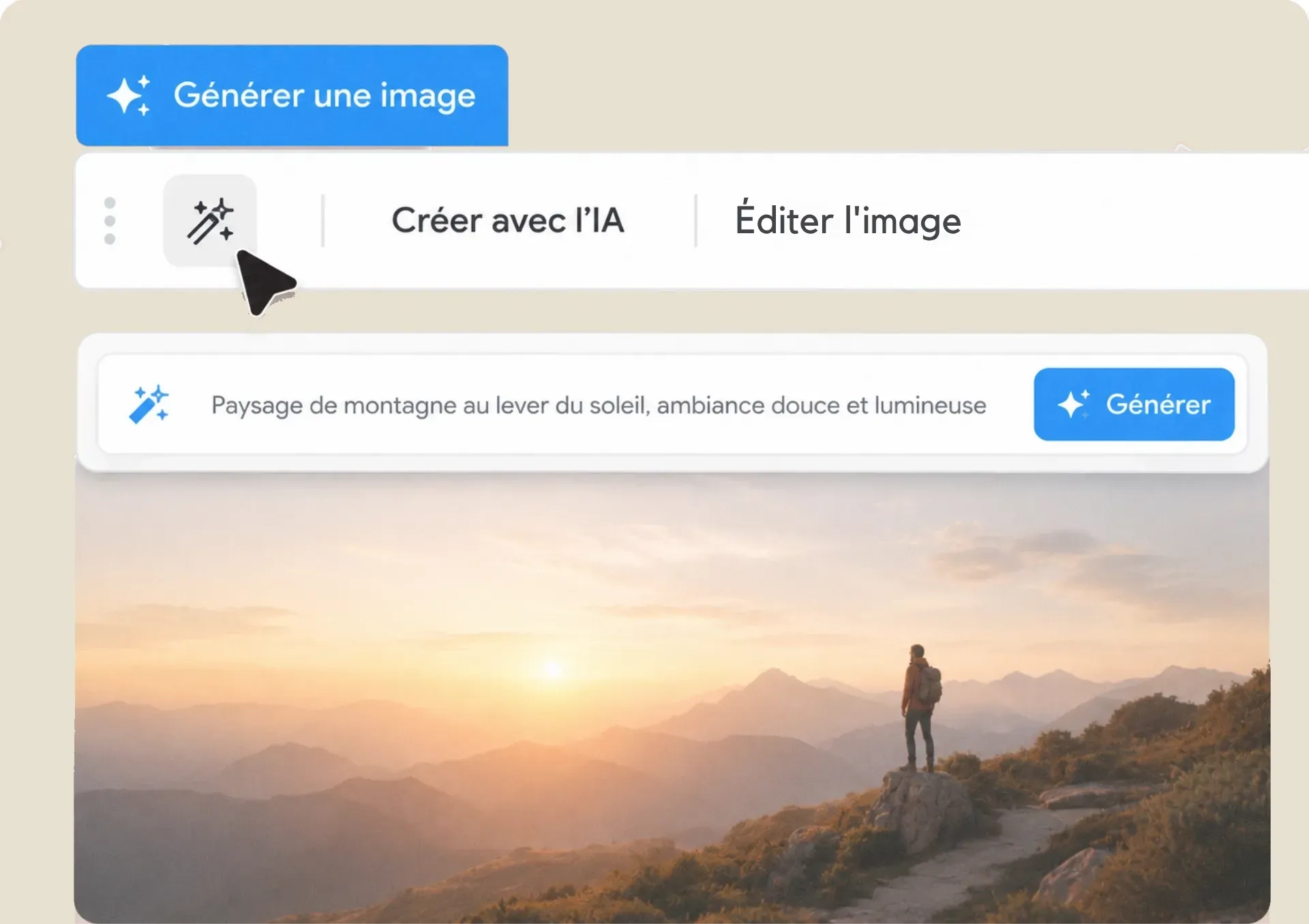 Bouton « Créer avec l'IA » générant un paysage de montagne au lever du soleil