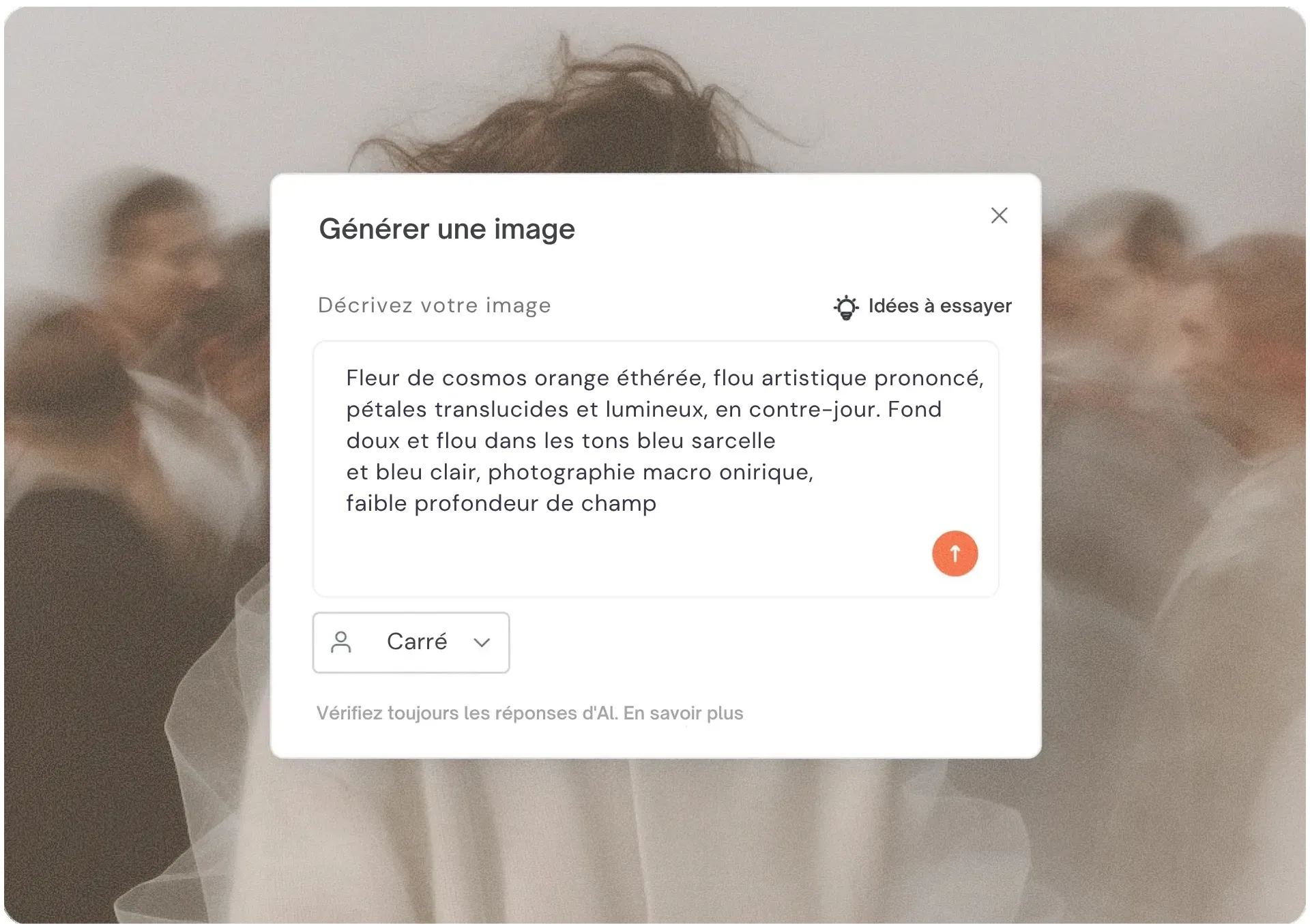 Fenêtre « Générer une image » avec un prompt détaillé de génération IA