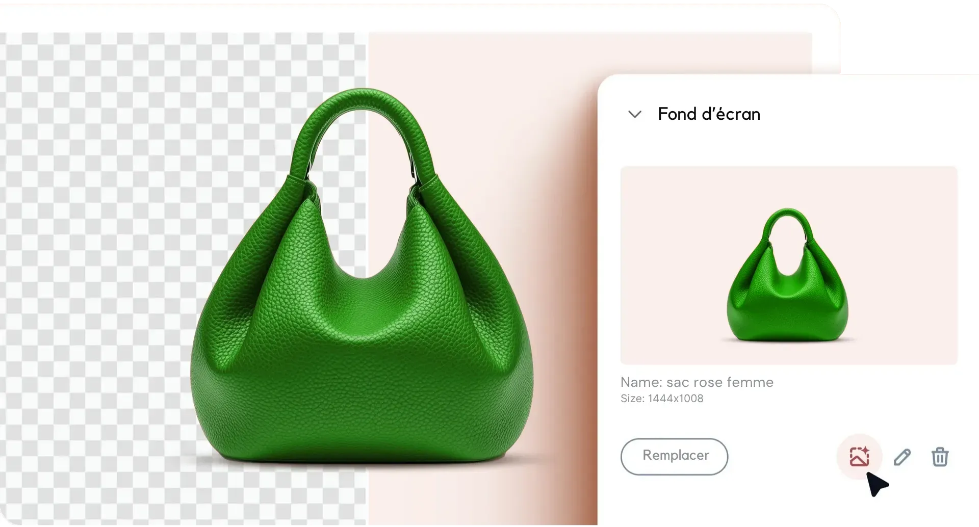 Détourage d'un sac vert, avant remplacement du fond d'écran