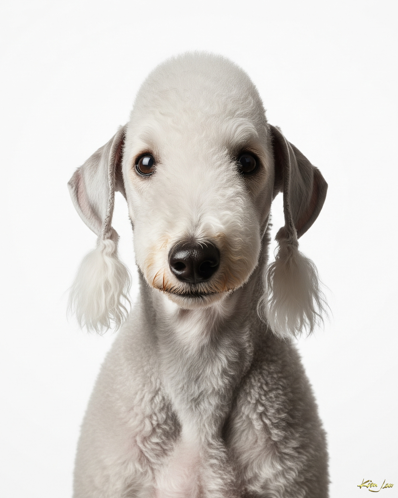 A small white dog with pigtails on its ears is looking at the camera.