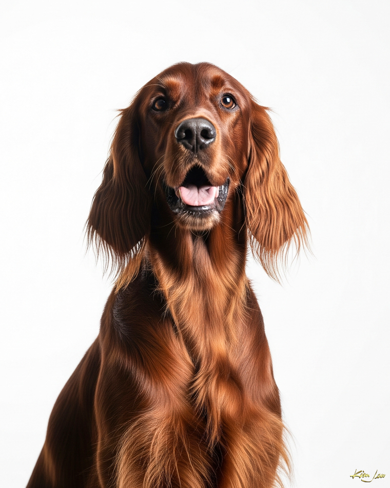 An irish setter dog is sitting on a white background and looking at the camera.