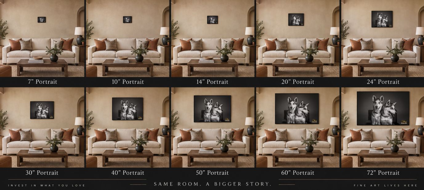 Wall art size guide collage showing six room mockups, The Dog Studio NM