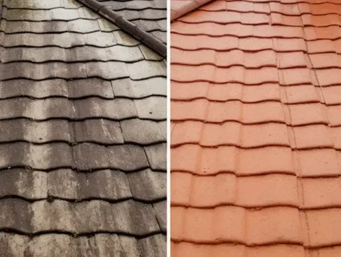 Before-and-after of a roof. Left side is dirty; right side is clean, revealing the original red color of the tiles.