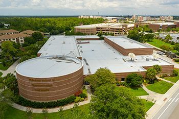 An aerial view of the Nicholson School of Communication and Media building at the University of Central Florida.