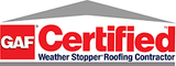 GAF Certified Weather Stopper Roofing Contractor logo. Red and white text, gray roof shape.