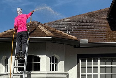 Person on a ladder spraying a house roof. The roof is partially cleaned, with water spraying.