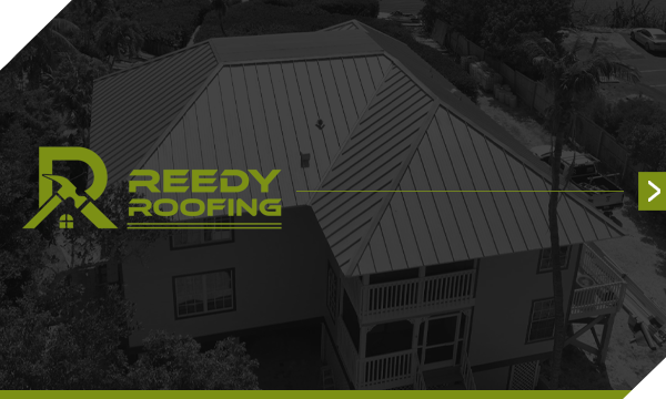 Reedy Roofing logo over a house with a metal roof.