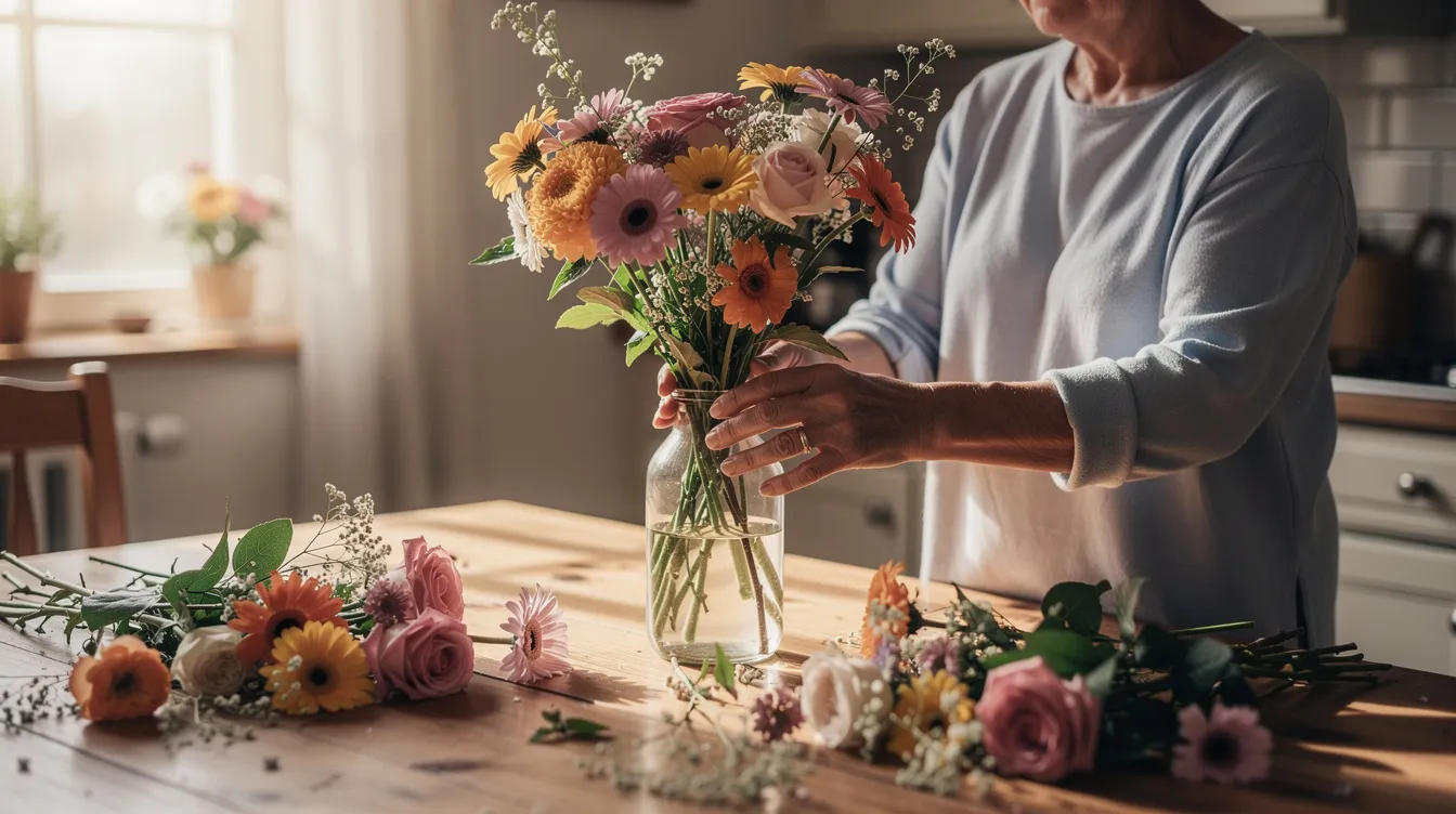 An older adult is gently arranging colorful flowers on a table, illuminated by soft natural light, creating a calming and familiar environment. This activity can provide emotional support and enhance the well-being of individuals, especially those affected by dementia or caring for a loved one with Alzheimer's disease.