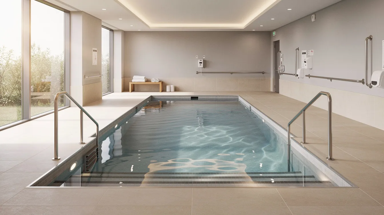 The image depicts a calm indoor therapy pool located in a skilled nursing facility, illuminated by natural light. This serene environment is designed for inpatient rehabilitation, providing patients with a soothing space for their recovery journey through physical therapy sessions.