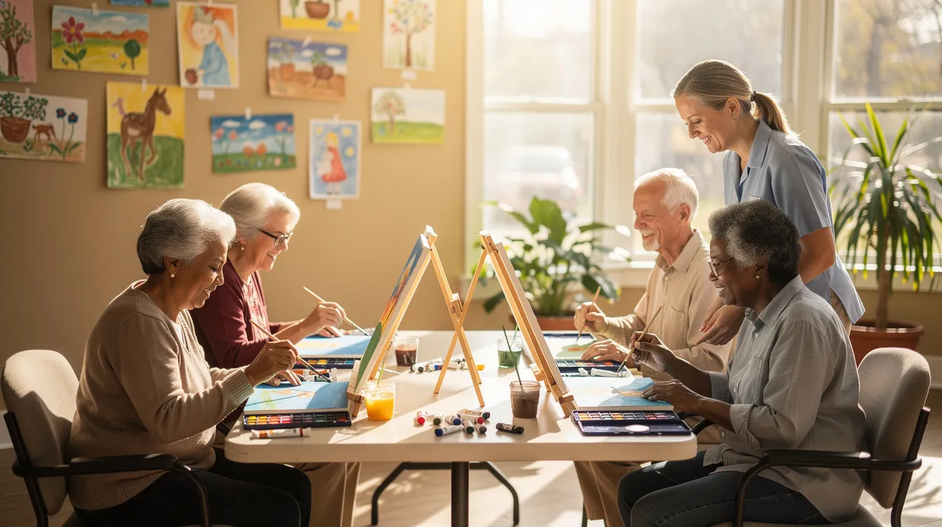 A small group of seniors is joyfully painting together at a table in a bright and welcoming activity room, showcasing the benefits of art therapy in memory care communities. This engaging activity fosters social interaction and creativity, essential for cognitive stimulation in older adults, especially those experiencing memory loss or cognitive decline.