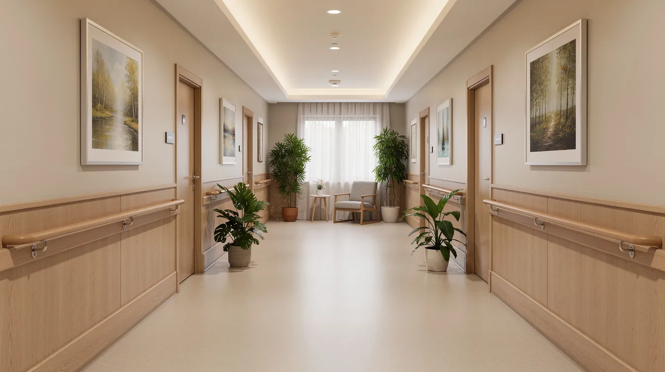The image depicts a bright hallway in a senior care residence, featuring handrails and soft lighting that create a calm atmosphere, ideal for residents in memory care facilities. This secure environment is designed to support seniors, including those with dementia and cognitive challenges, ensuring safety and comfort for both residents and their family members.