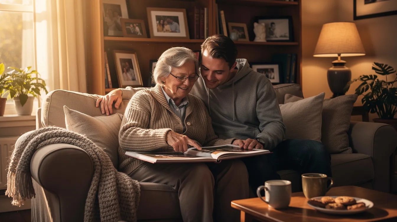 An elderly person and a family member are seated together in a warm, comfortable room, looking through a photo album that evokes memories, highlighting the importance of family involvement in memory care services for those experiencing cognitive decline. The cozy environment suggests a supportive space for reminiscing and sharing moments, essential for dementia patients and their loved ones.