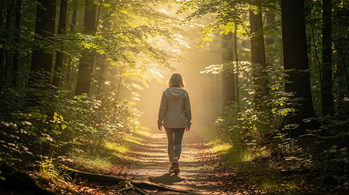 A middle-aged woman walks alone on a serene trail, surrounded by tall trees that provide a calming atmosphere. This peaceful setting offers her a moment for emotional support and reflection, essential for maintaining her own health while caring for a loved one with dementia.