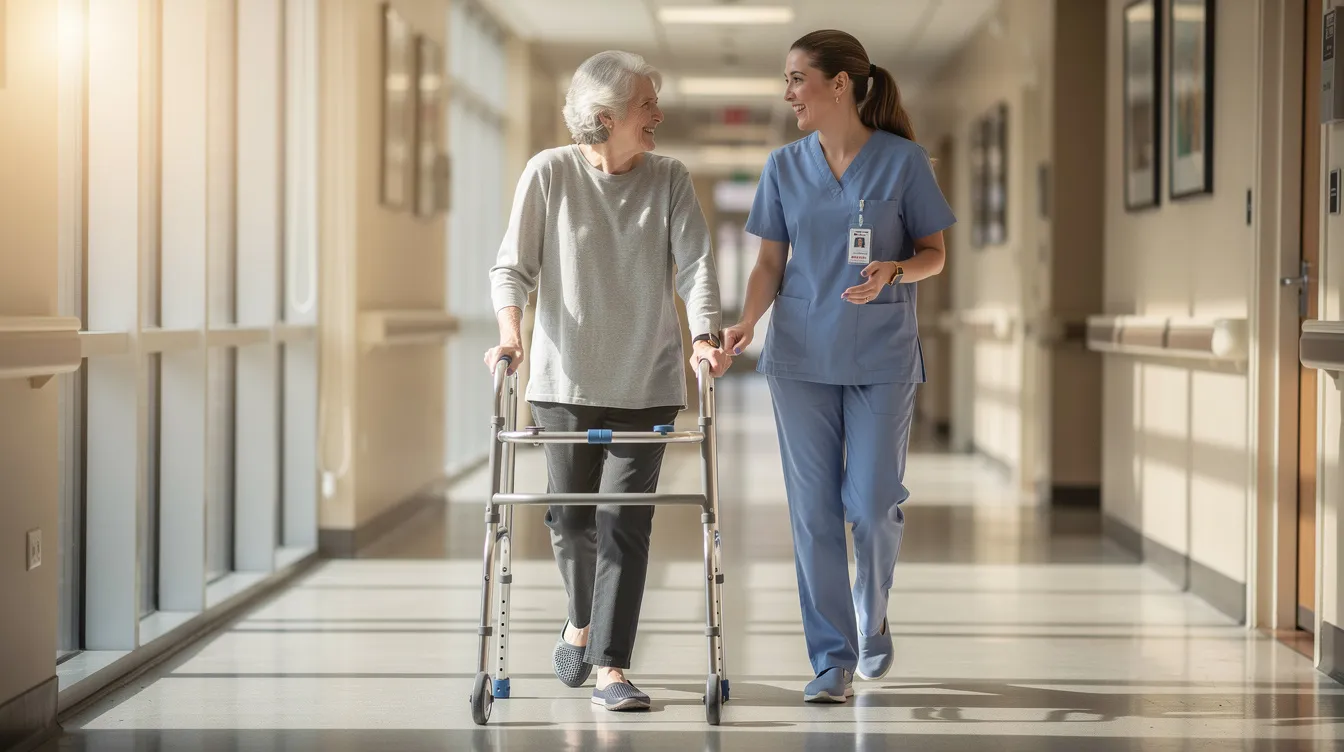 A senior patient is walking with the assistance of a walker alongside a therapist in a pleasant hallway, highlighting their recovery journey during a therapy session in an inpatient rehabilitation facility. This scene emphasizes the supportive environment of skilled nursing care as the patient works to regain mobility and independence after a prior hospital stay.