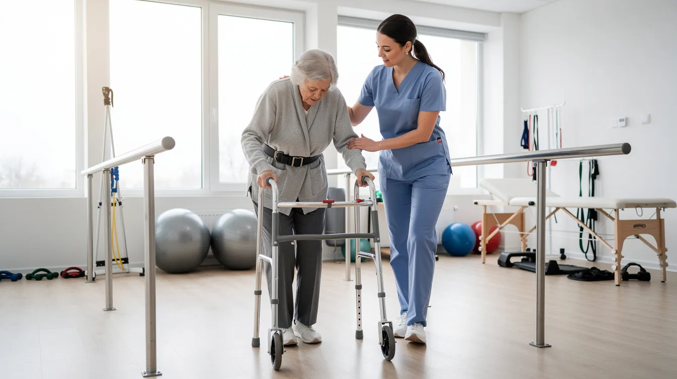Nurse helping a patient walk with a walker in a bright physical therapy room