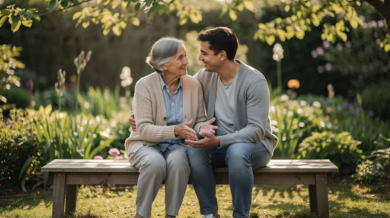 An elderly person and a younger family member sit closely on a bench in a serene garden, sharing a moment of emotional support. Their body language and facial expressions reflect the bond of caregiving, highlighting the importance of family connections, especially as dementia progresses.
