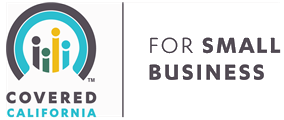 Covered California logo for small business. Includes a circular graphic with text.